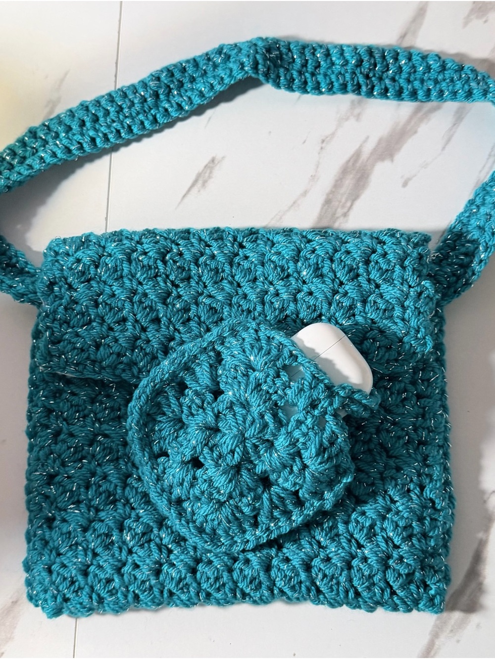 Teal Crochet Shoulder Bag with Flap and FREE airpods holder
